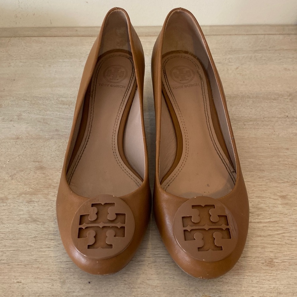Tory Burch Cognac Leather Logo Ballet Flats